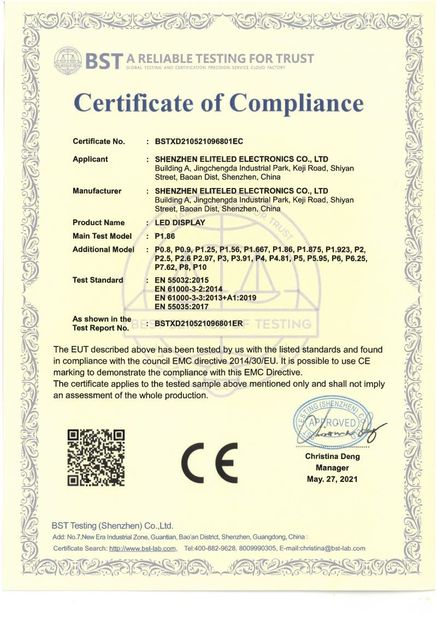 চীন Shenzhen EliteLED Electronics Co.,Ltd সার্টিফিকেশন